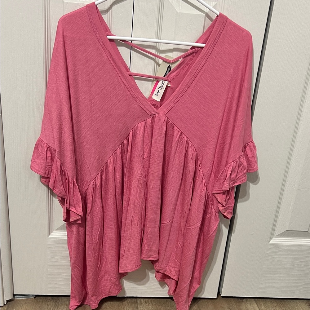 Impressions Pink V-Neck Tunic with Ruffle Sleeves